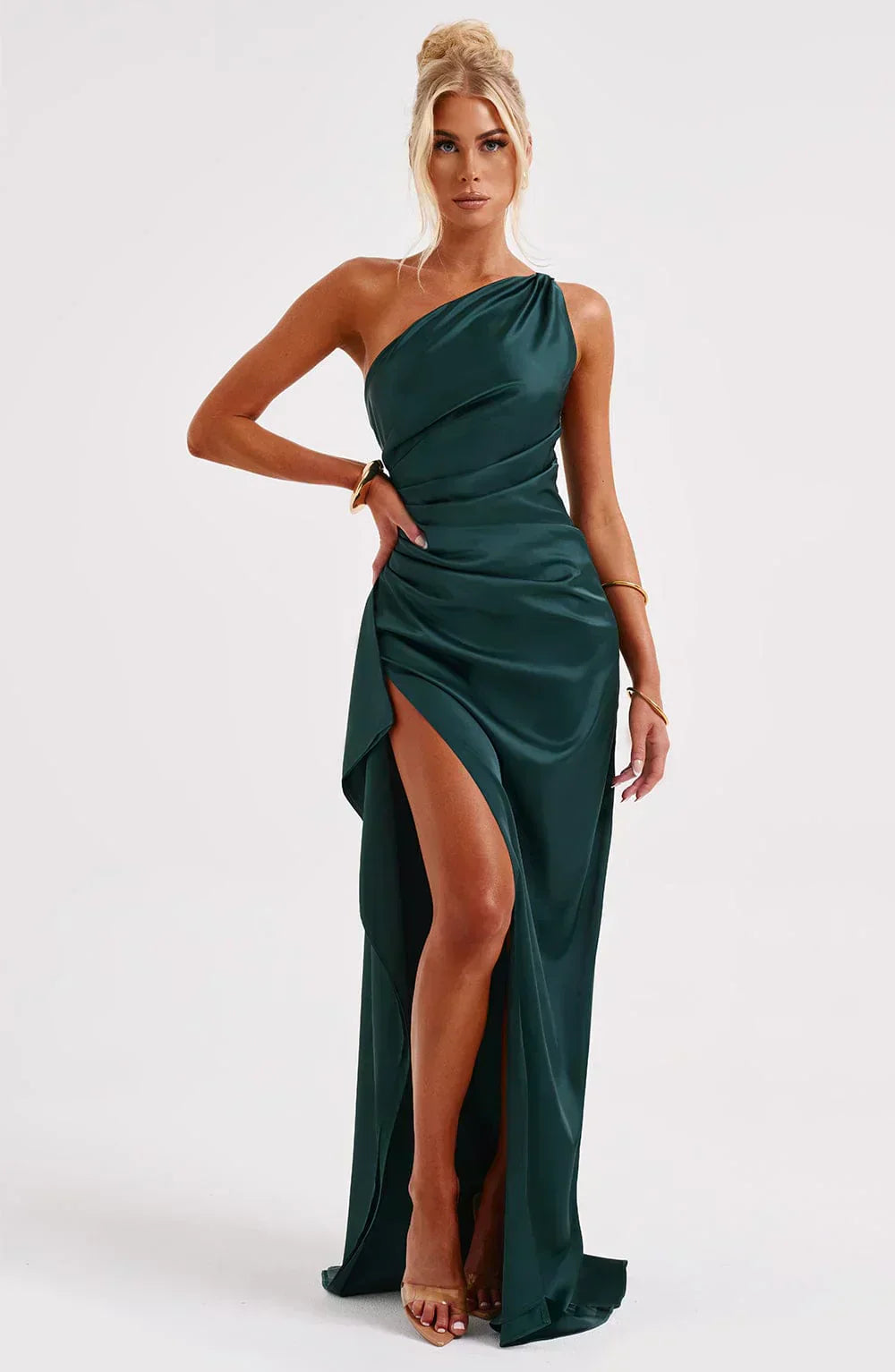 One-Shoulder Satin Maxi Dress with High Slit
