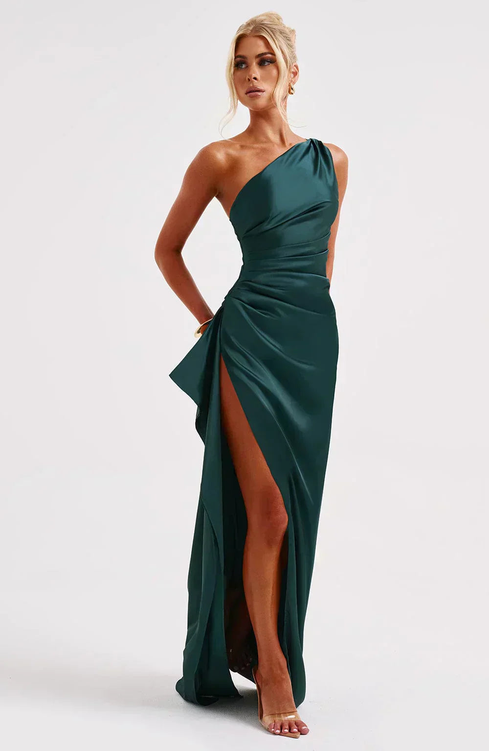One-Shoulder Satin Maxi Dress with High Slit