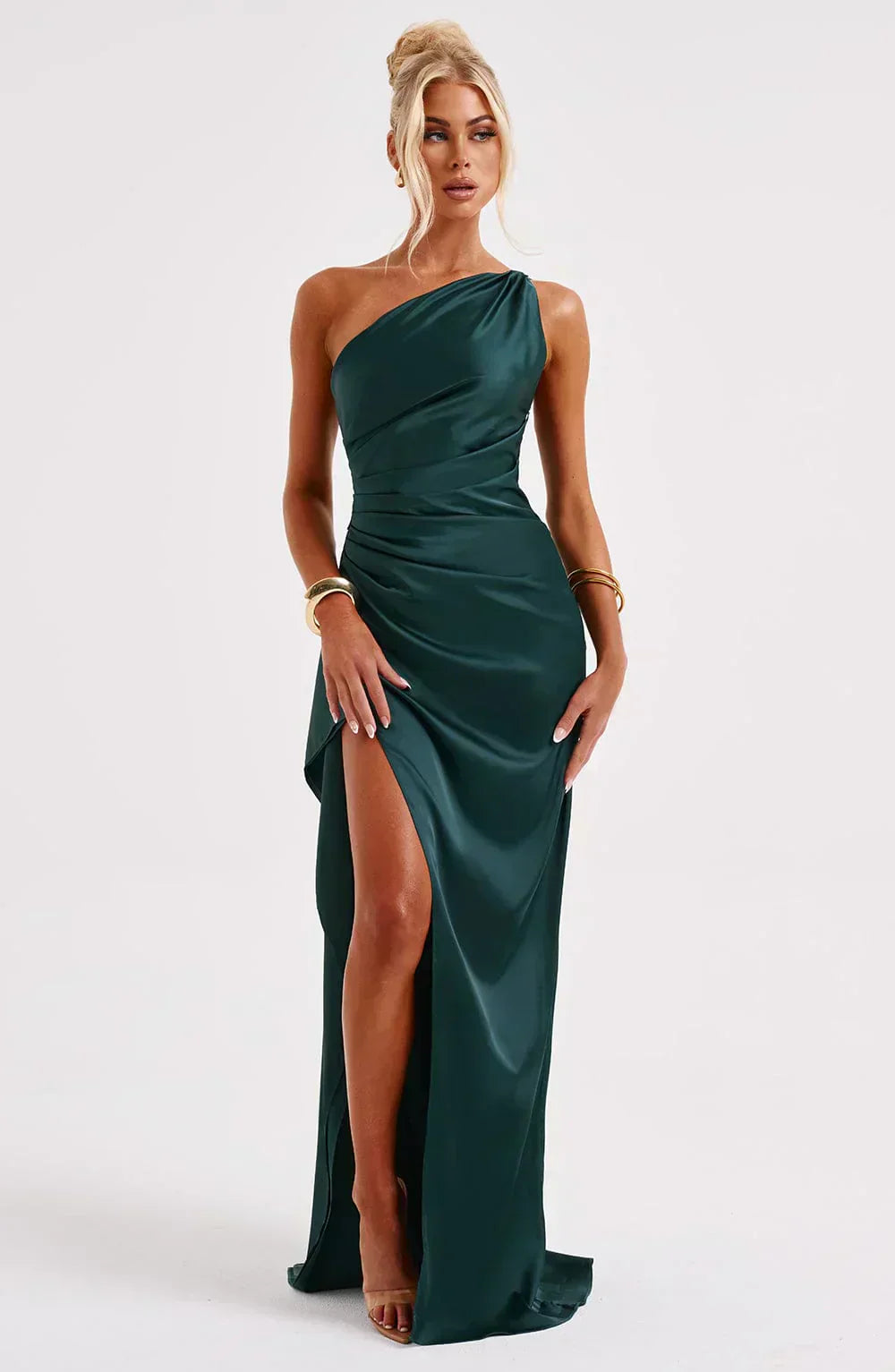 One-Shoulder Satin Maxi Dress with High Slit