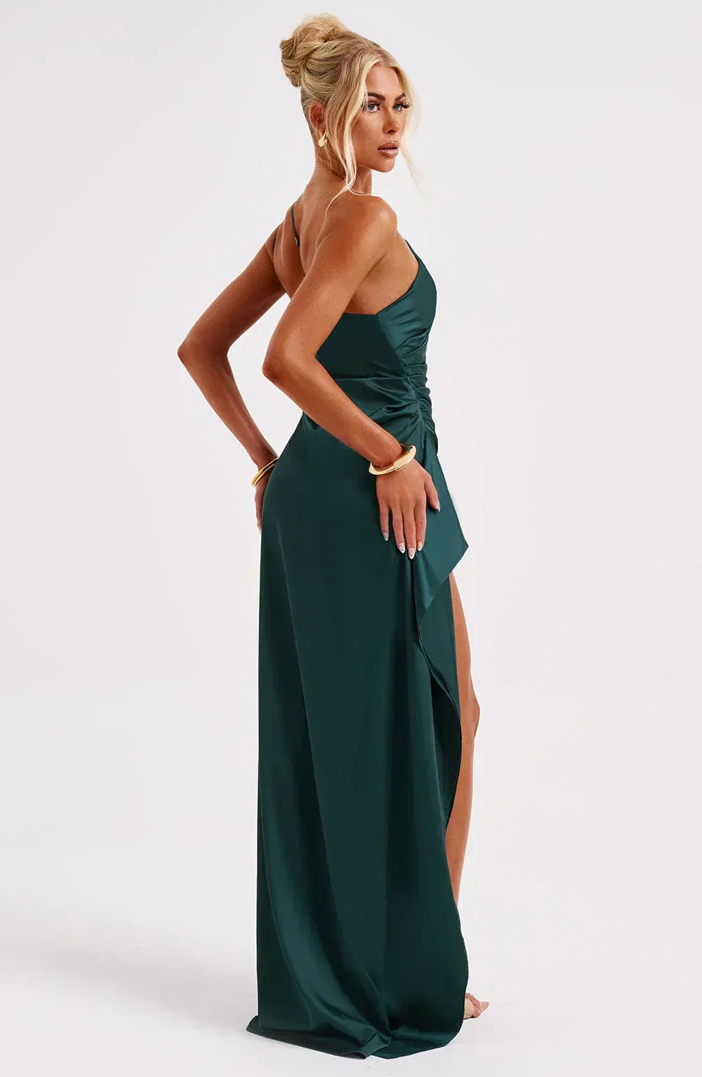One-Shoulder Satin Maxi Dress with High Slit