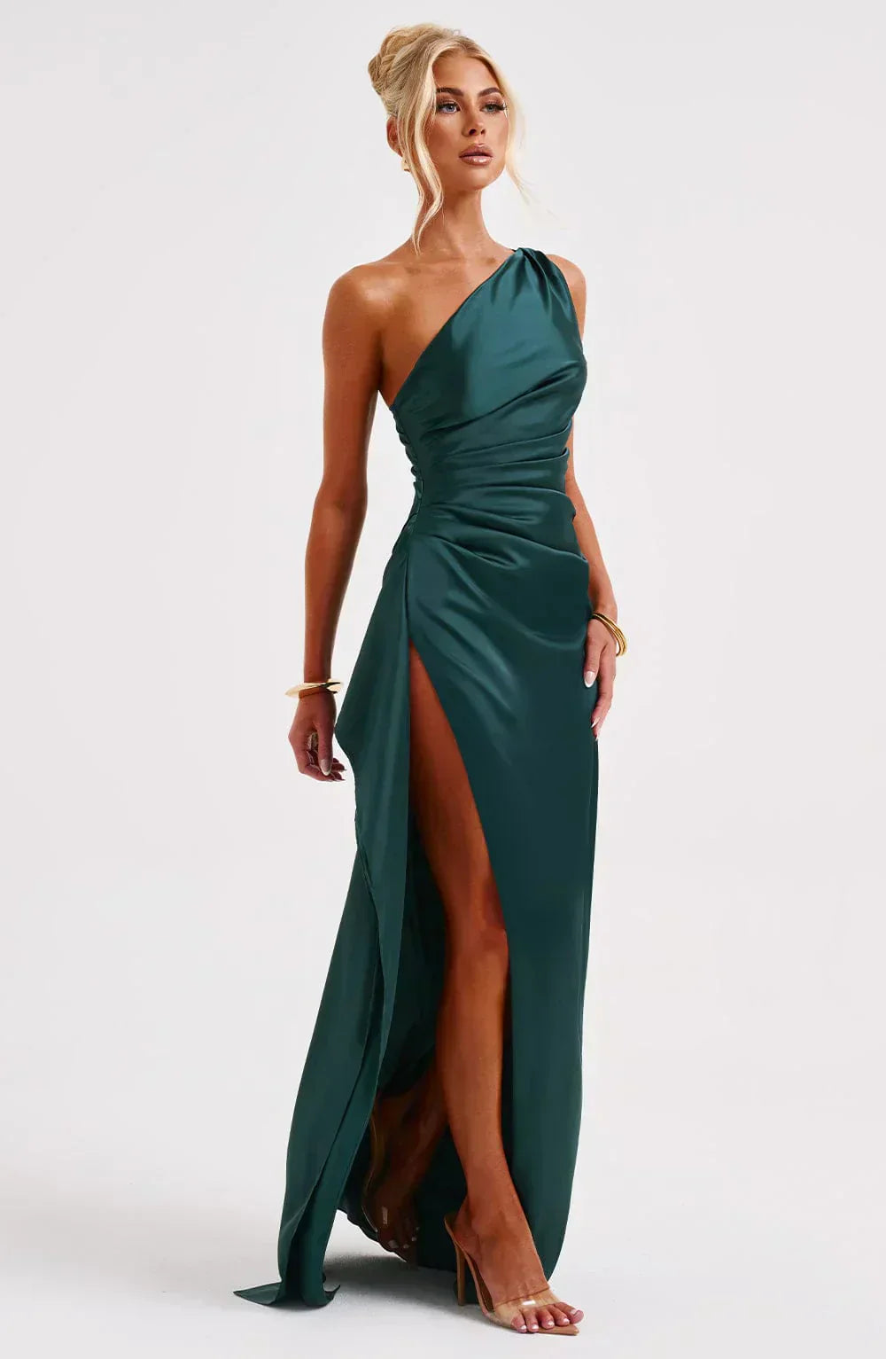 One-Shoulder Satin Maxi Dress with High Slit