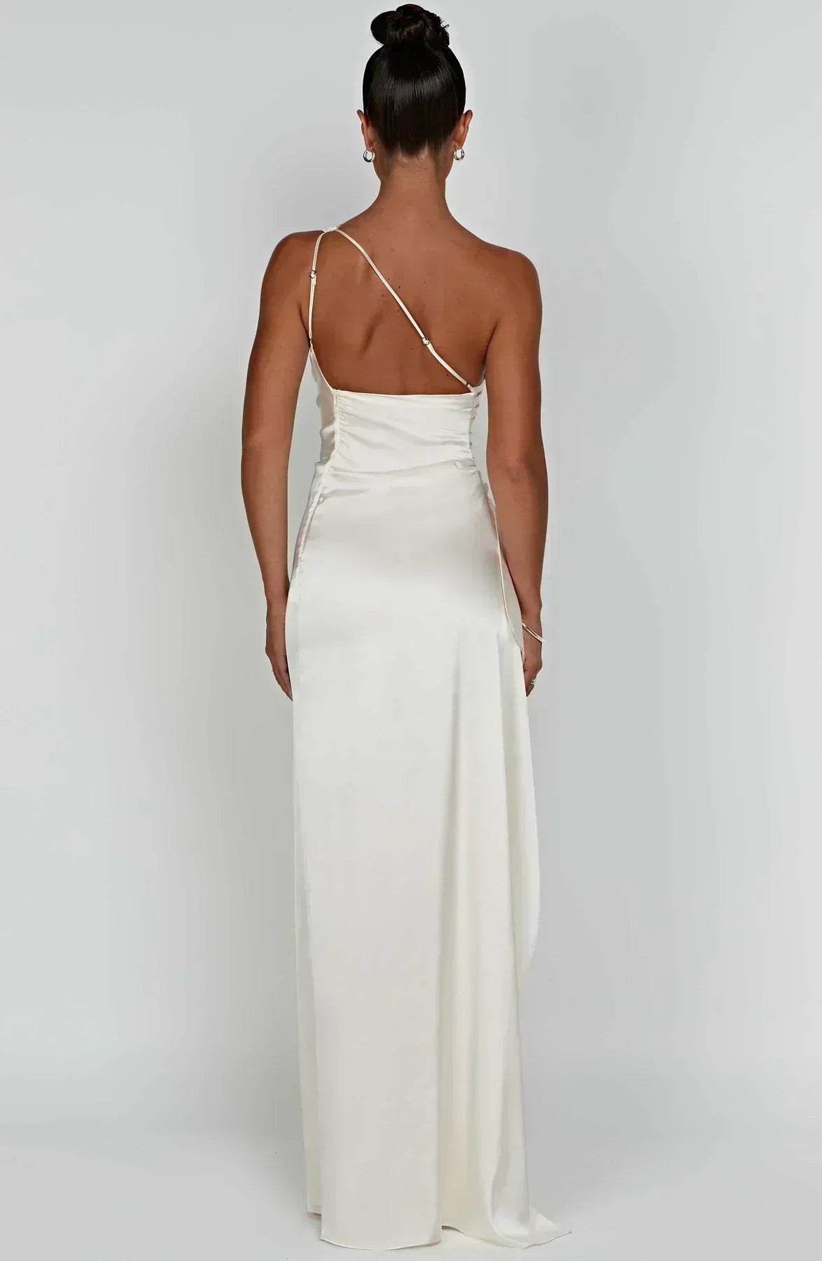 One-Shoulder Satin Maxi Dress with High Slit