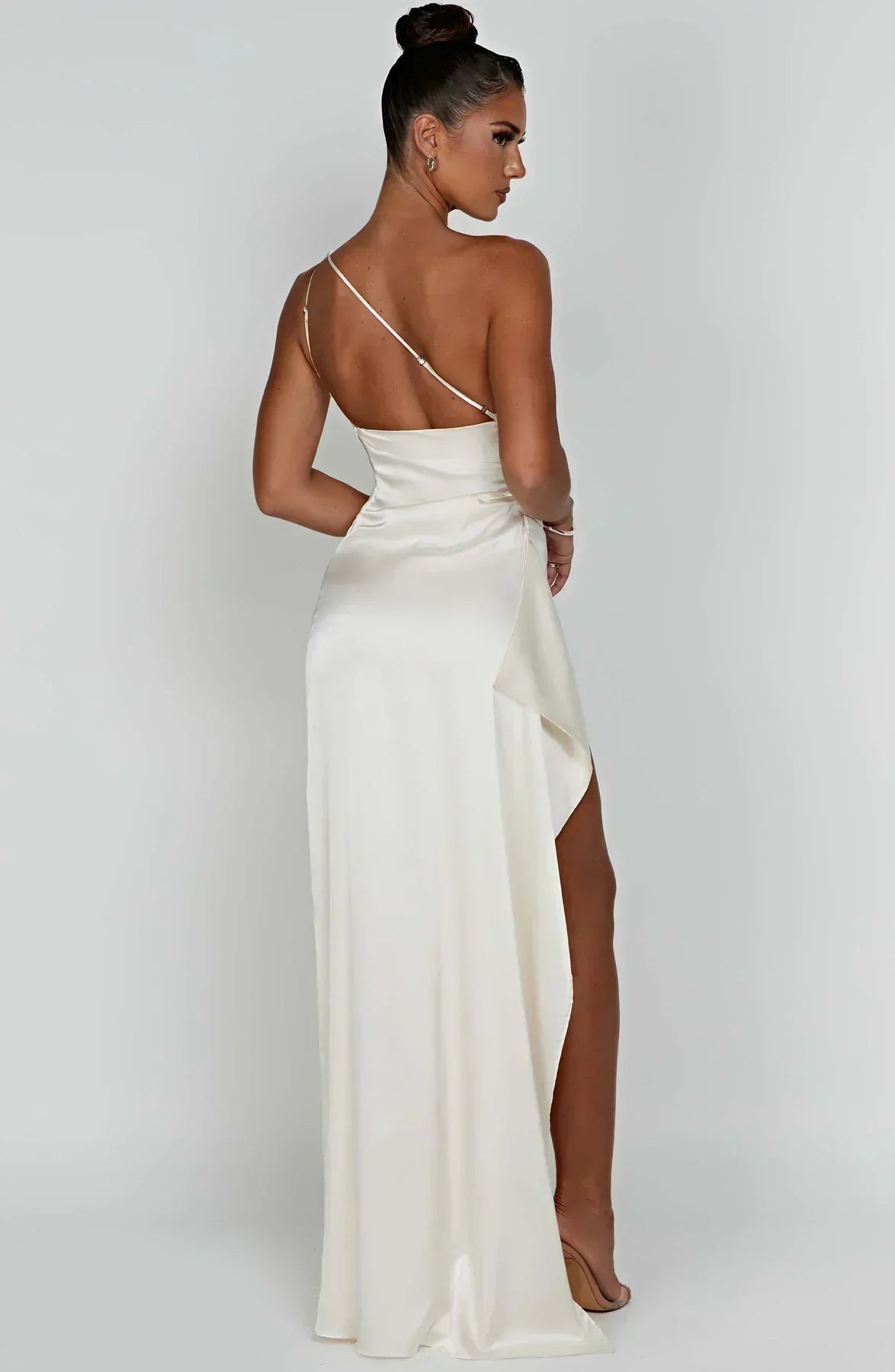 One-Shoulder Satin Maxi Dress with High Slit