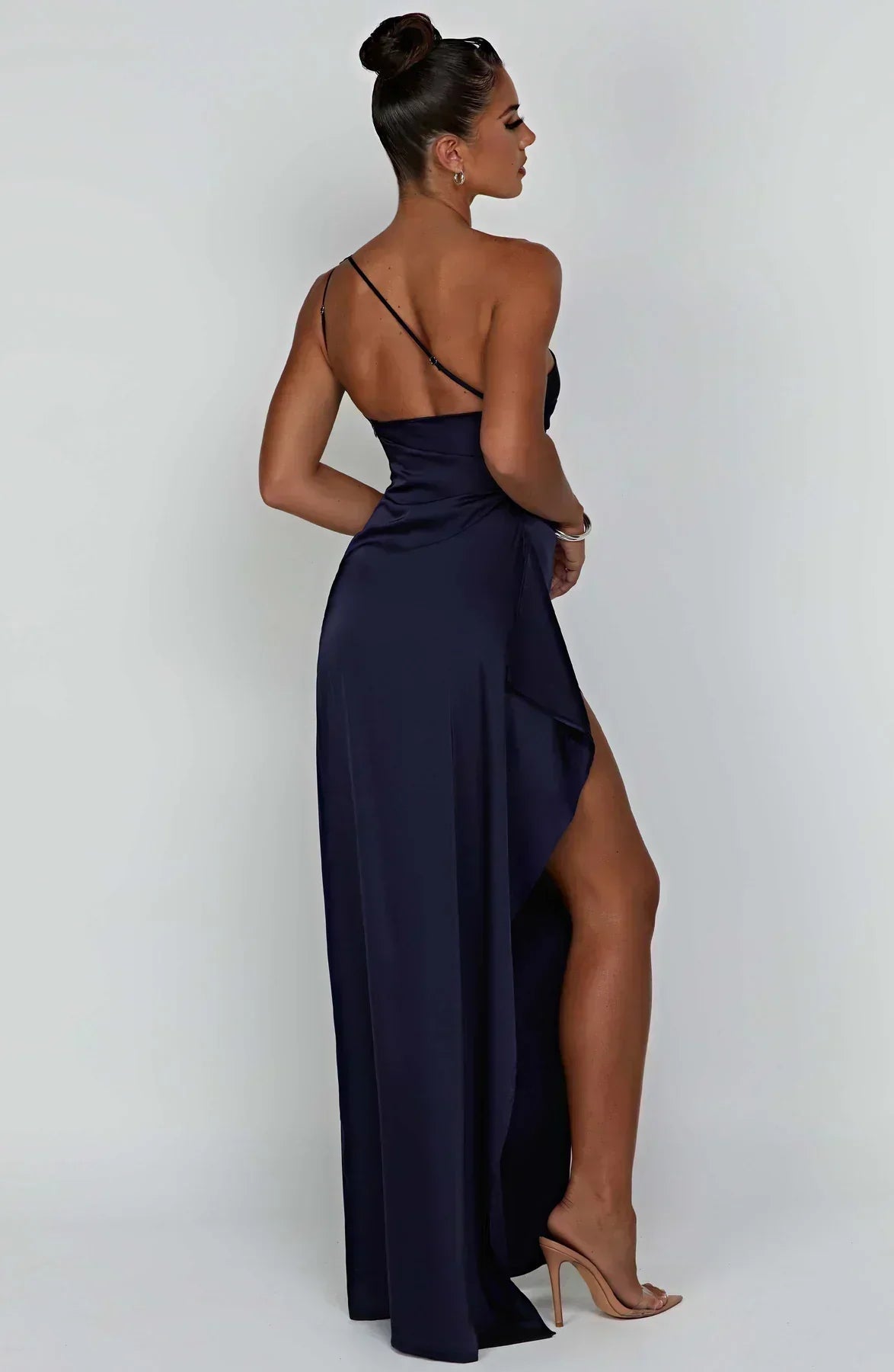 One-Shoulder Satin Maxi Dress with High Slit