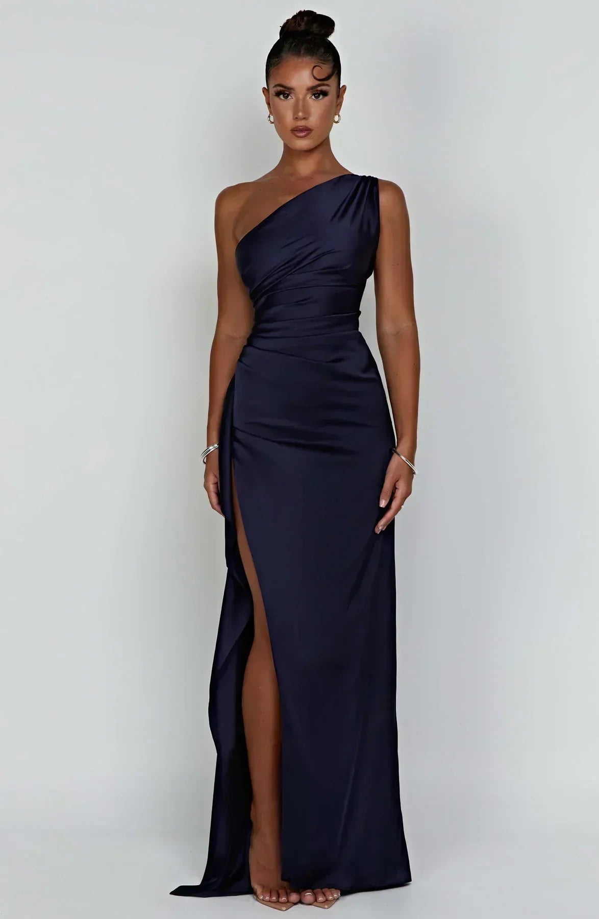 One-Shoulder Satin Maxi Dress with High Slit