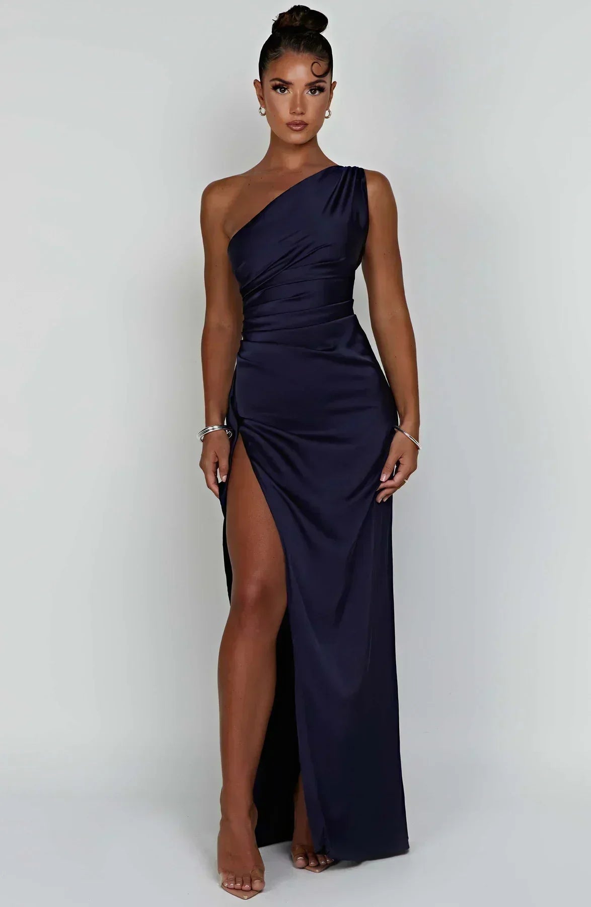 One-Shoulder Satin Maxi Dress with High Slit