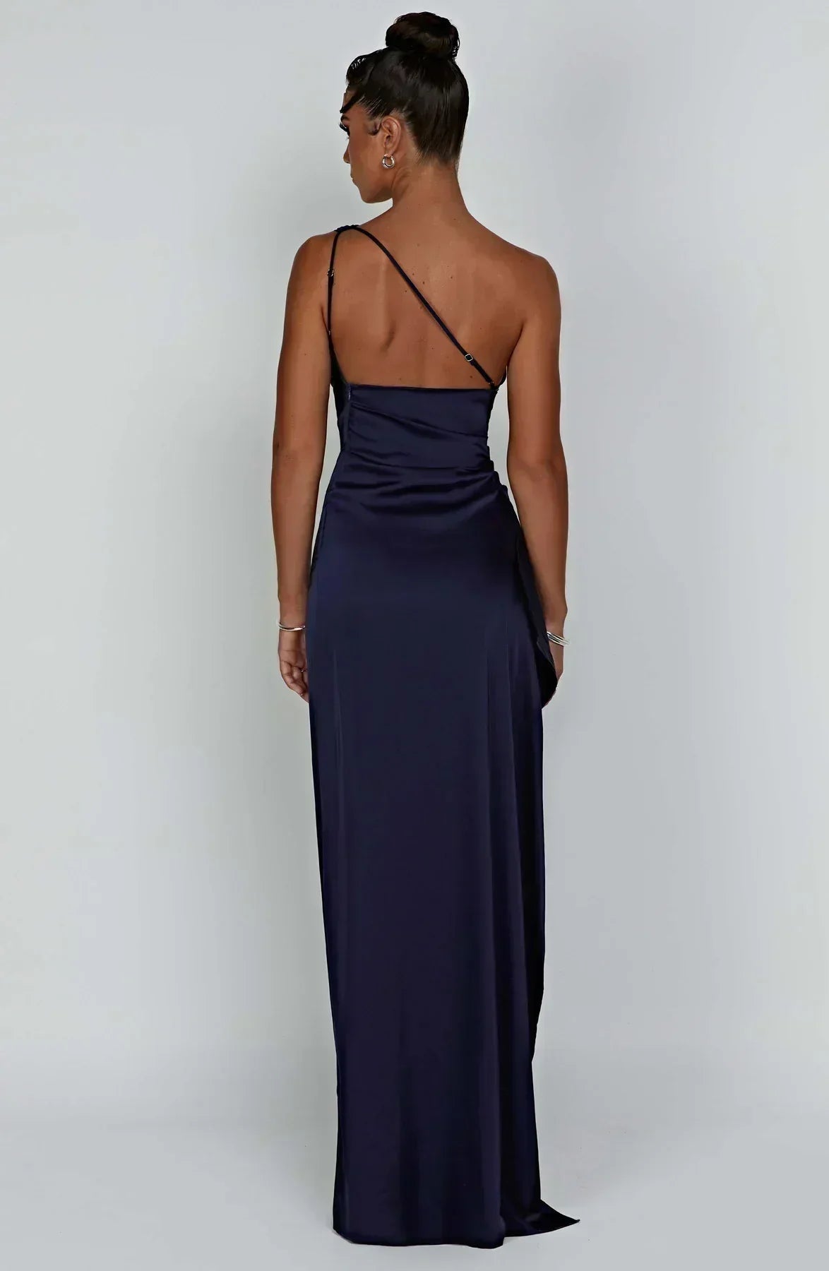 One-Shoulder Satin Maxi Dress with High Slit