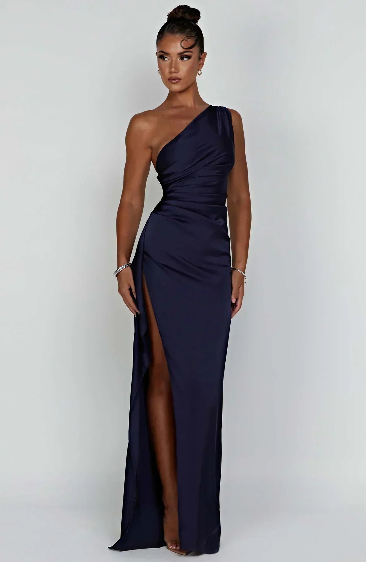One-Shoulder Satin Maxi Dress with High Slit