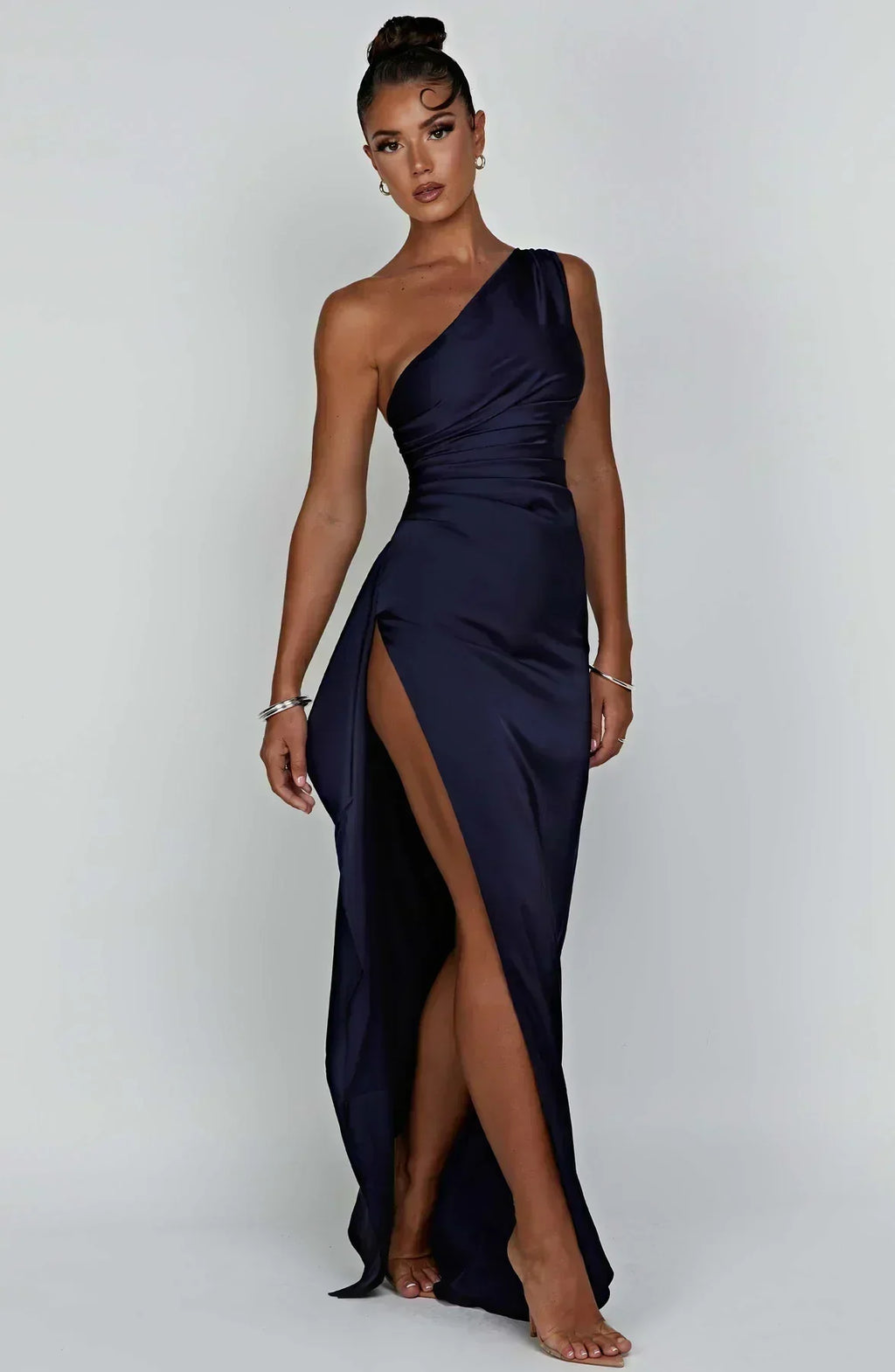 One-Shoulder Satin Maxi Dress with High Slit