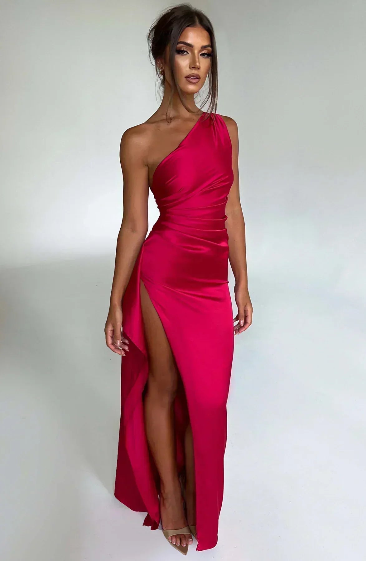 One-Shoulder Satin Maxi Dress with High Slit