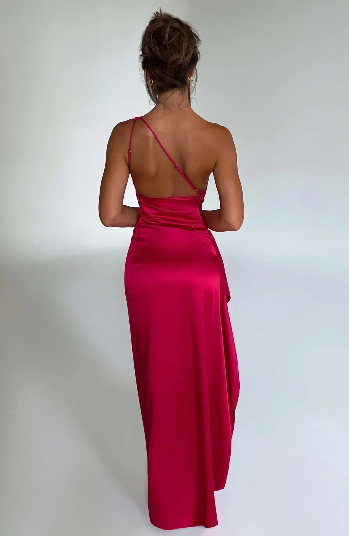 One-Shoulder Satin Maxi Dress with High Slit