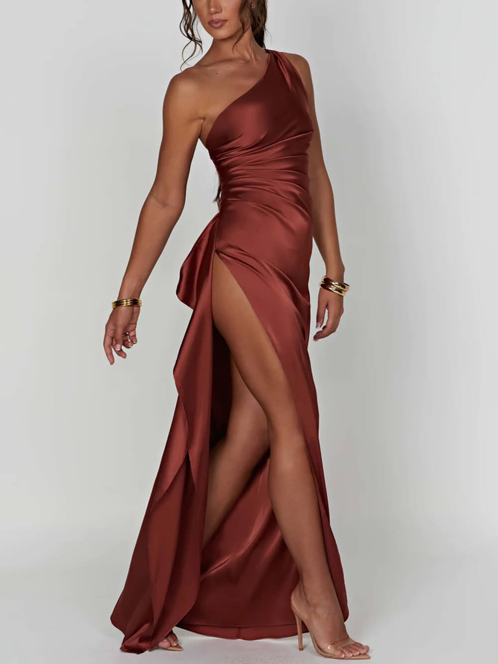 One-Shoulder Satin Maxi Dress with High Slit