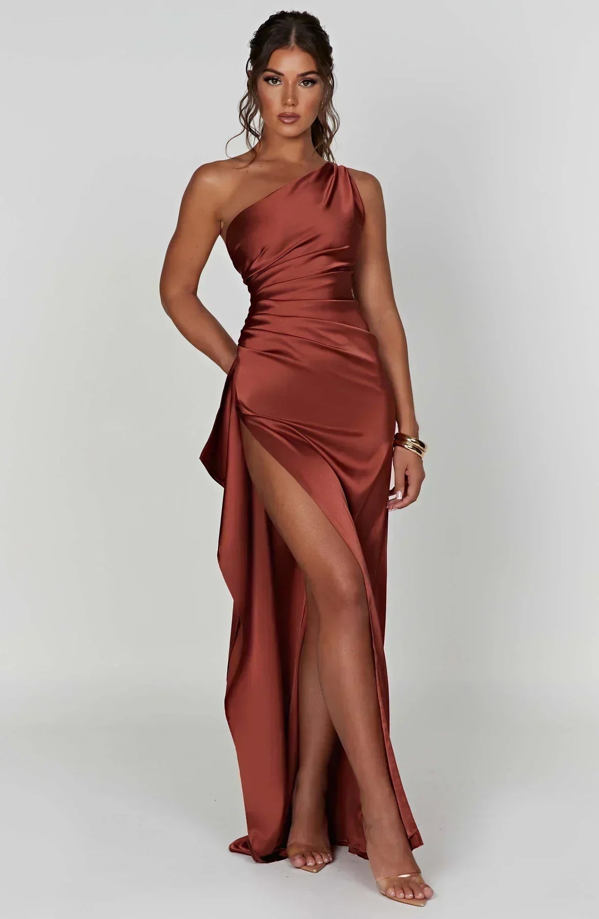 One-Shoulder Satin Maxi Dress with High Slit