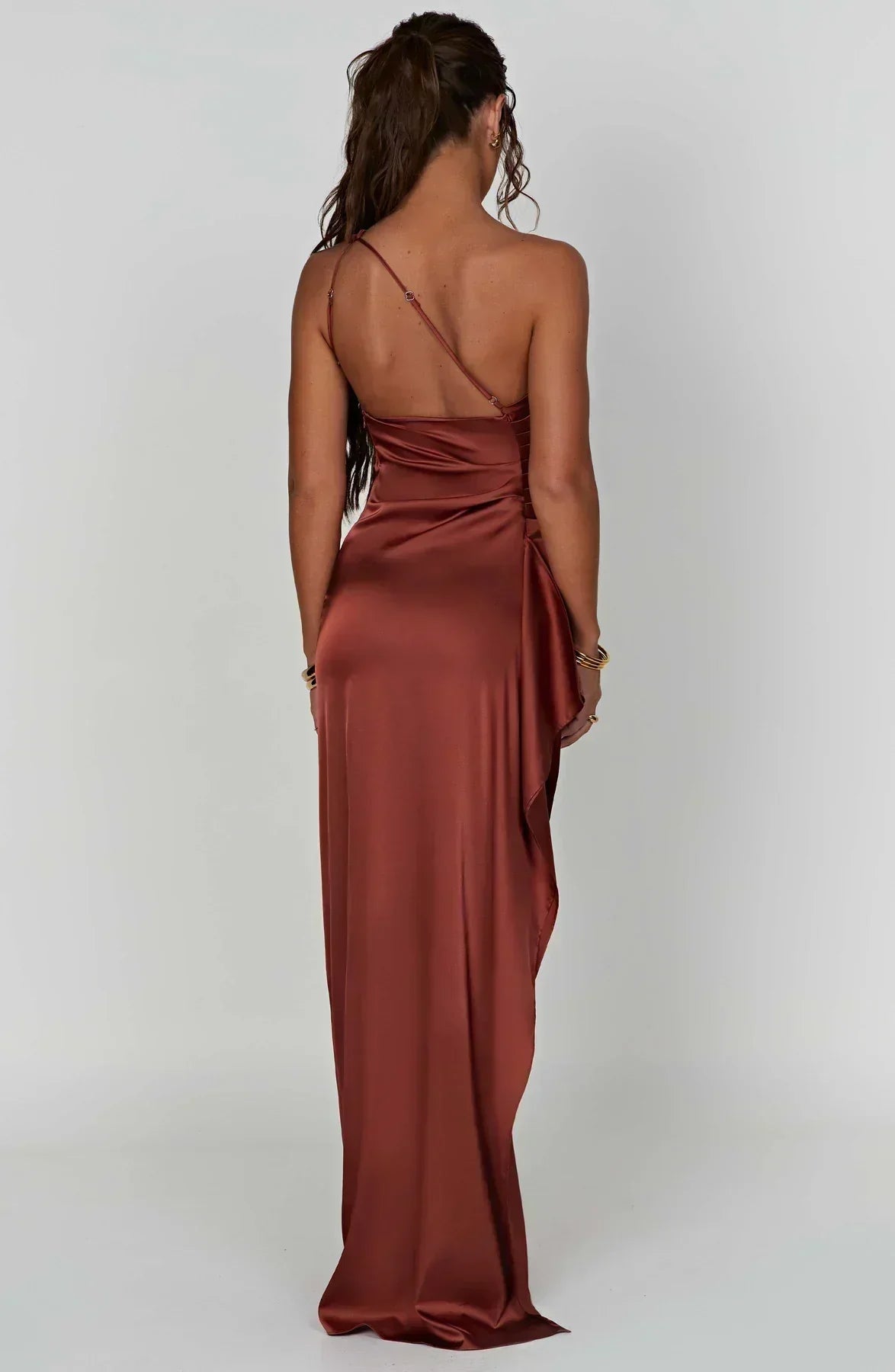 One-Shoulder Satin Maxi Dress with High Slit