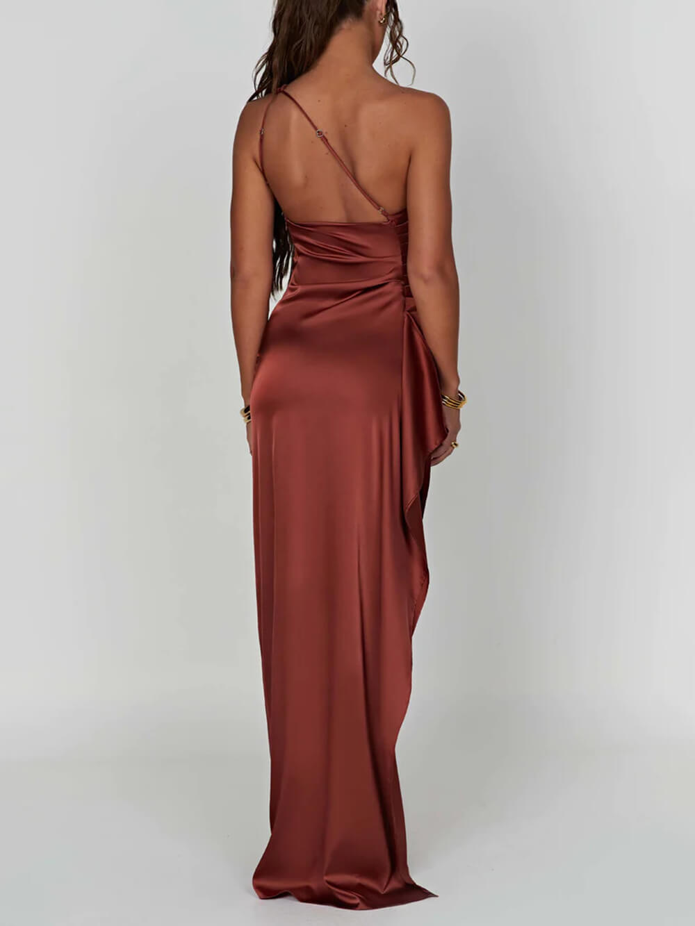 One-Shoulder Satin Maxi Dress with High Slit