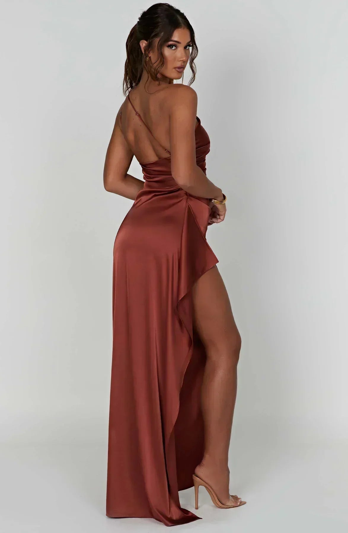 One-Shoulder Satin Maxi Dress with High Slit