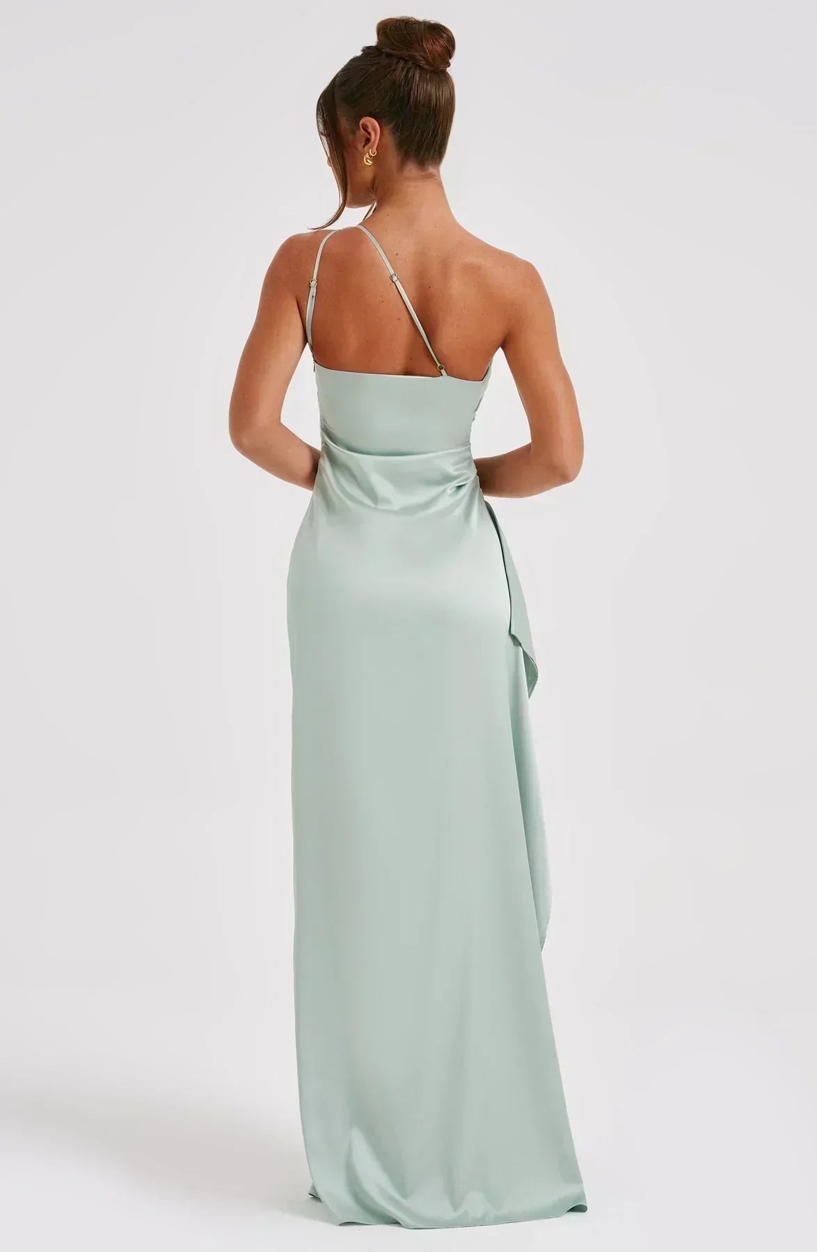 One-Shoulder Satin Maxi Dress with High Slit