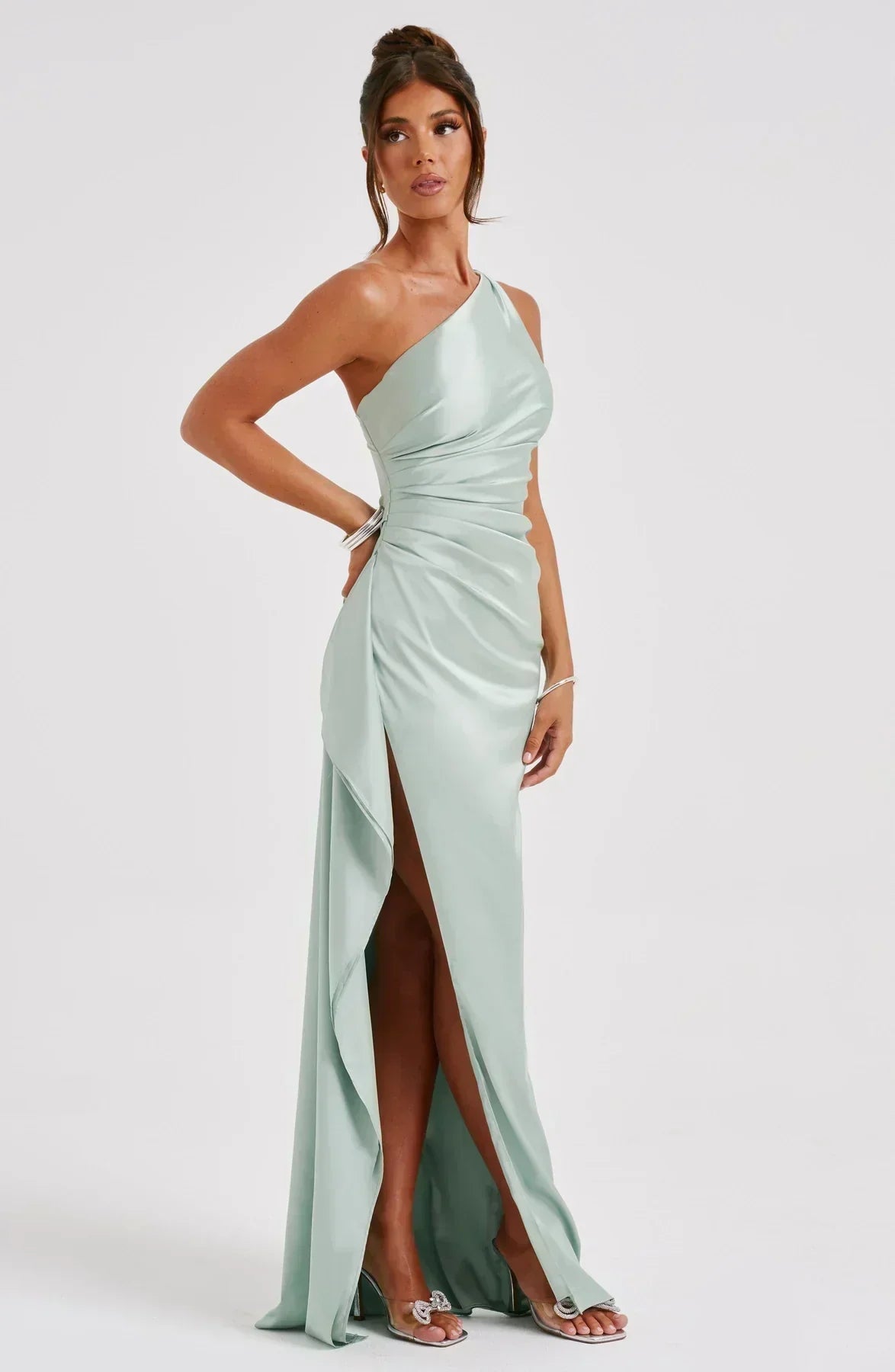 One-Shoulder Satin Maxi Dress with High Slit