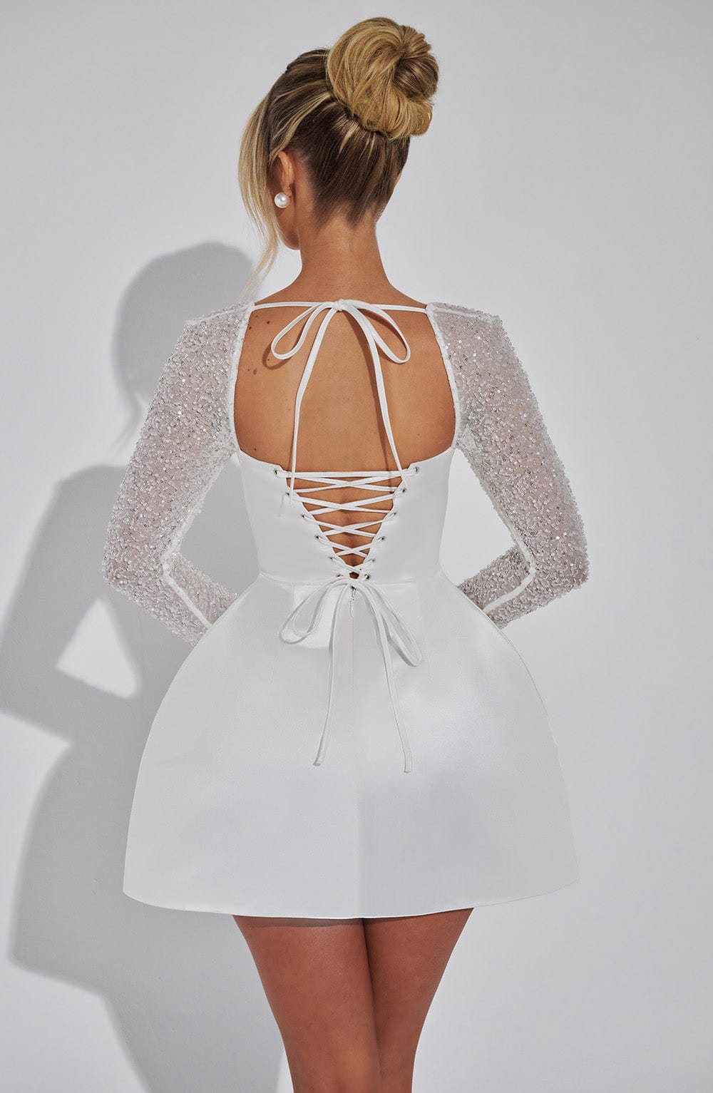 Satin Mini Dress with Embellished Long Sleeves and Square Neckline