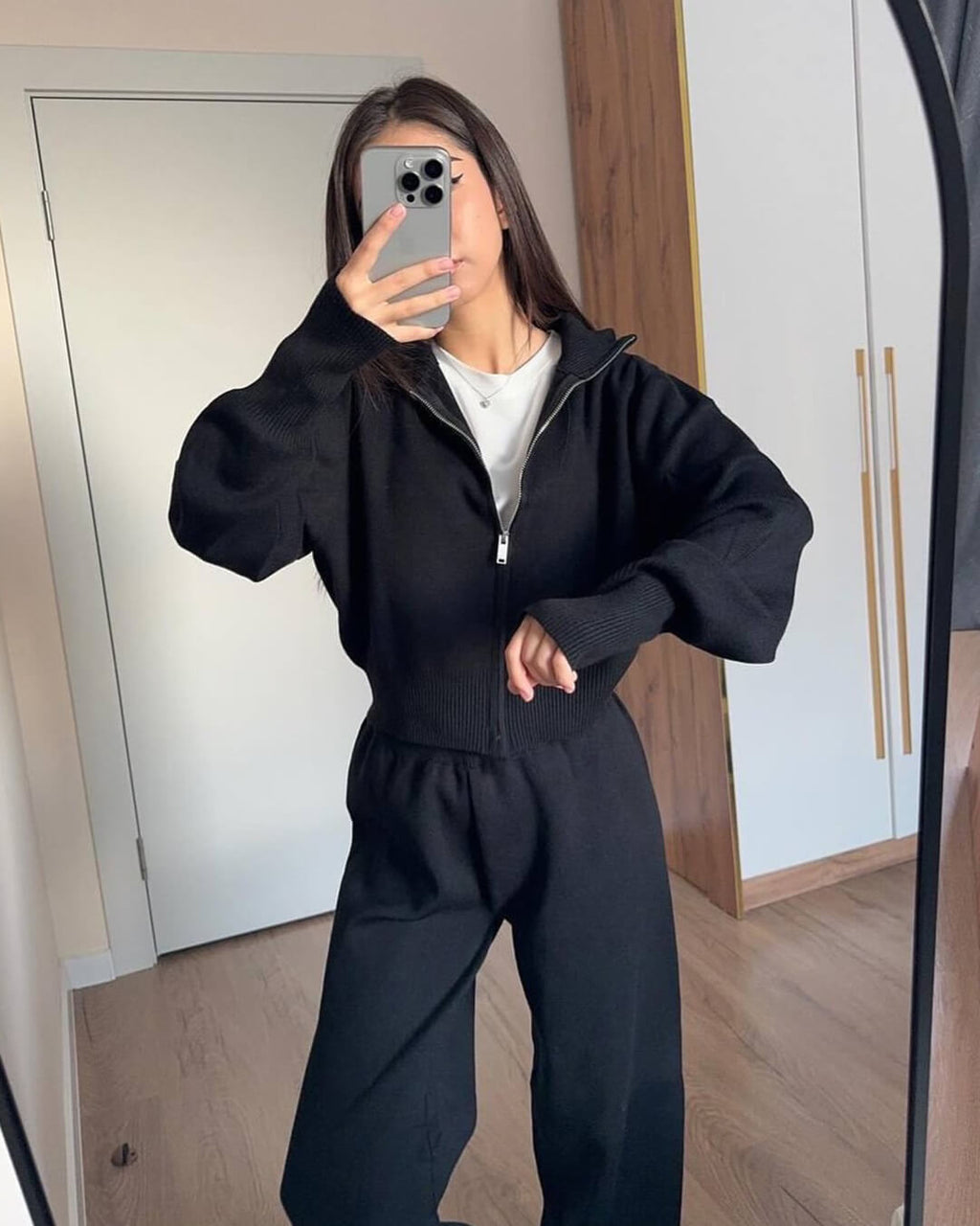 Knitted Zip Jacket and Wide-Leg Trousers Set