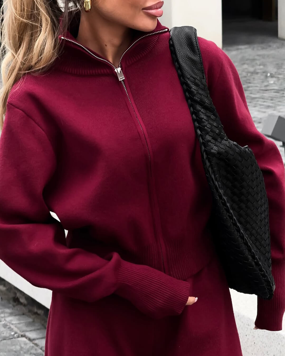 Knitted Zip Jacket and Wide-Leg Trousers Set