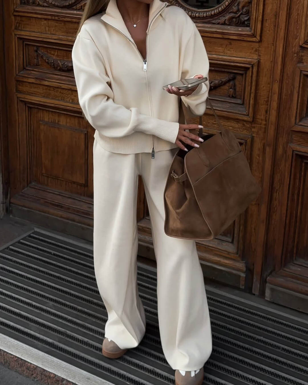 Knitted Zip Jacket and Wide-Leg Trousers Set