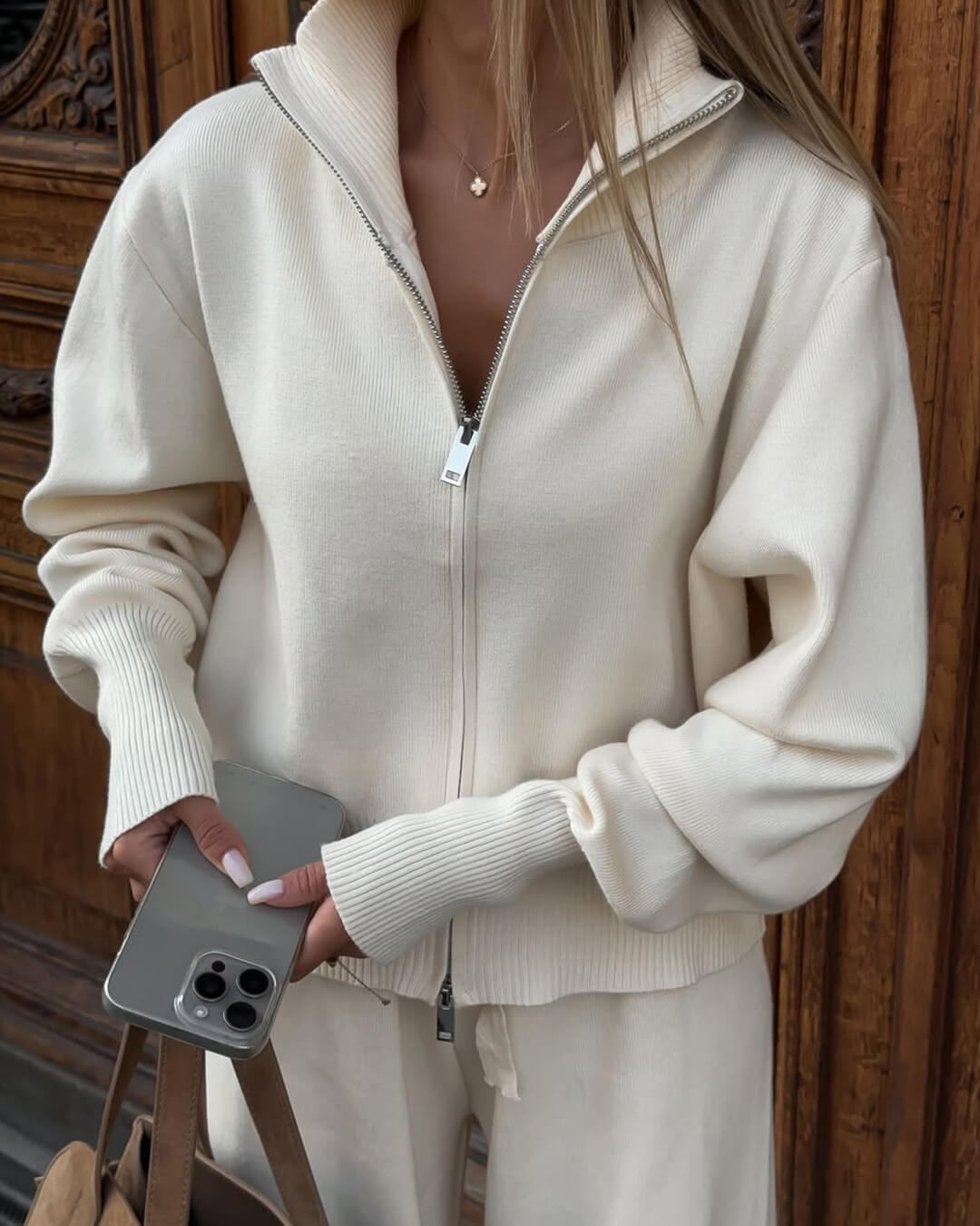 Knitted Zip Jacket and Wide-Leg Trousers Set