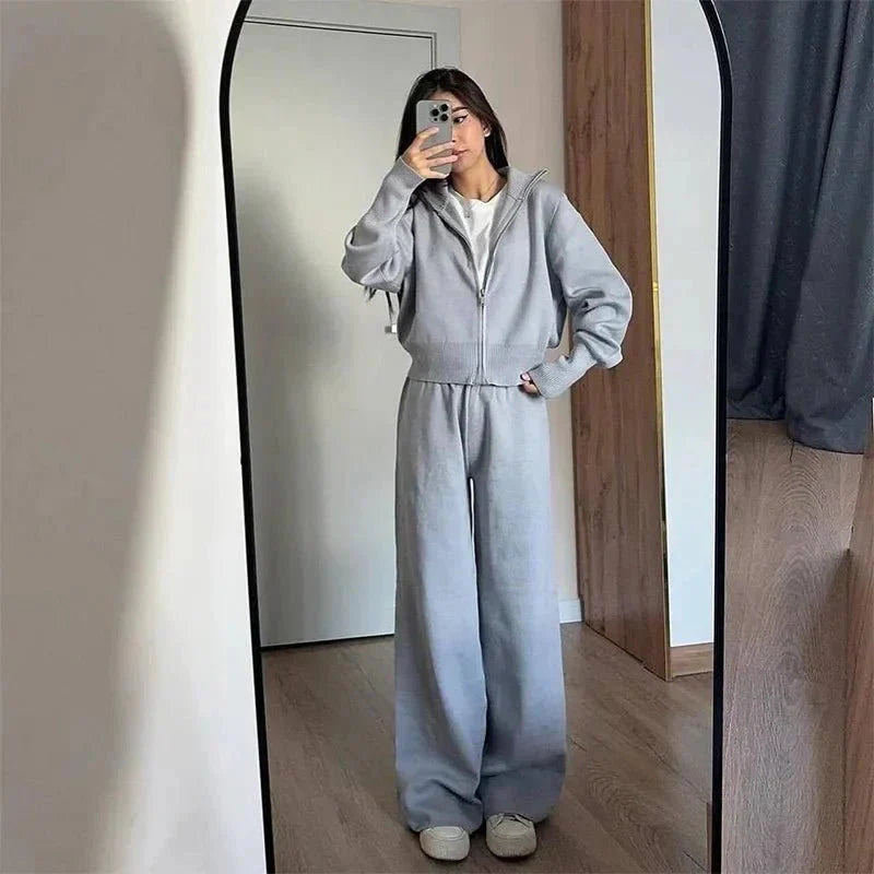 Knitted Zip Jacket and Wide-Leg Trousers Set