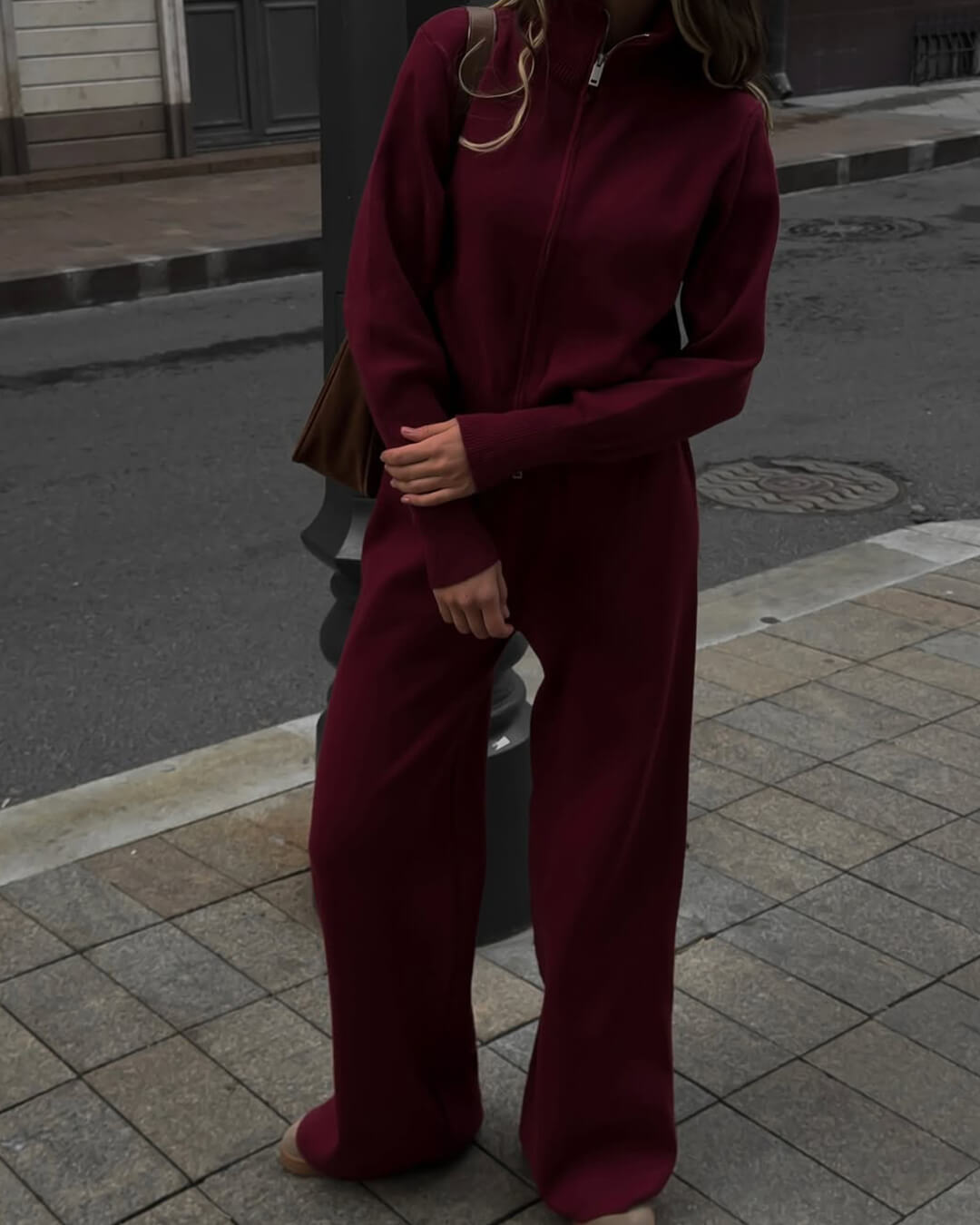 Knitted Zip Jacket and Wide-Leg Trousers Set